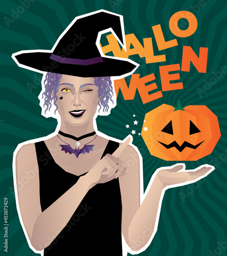 Wizard girl in black dress and magic hat with pumpkin on green background with the inscription. A comic book style witch conjures Jack-o-lantern. Halloween vector design for banner, poster, card