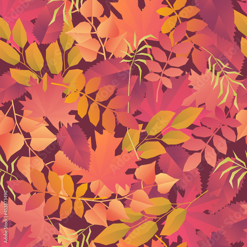 Vector pattern with red orange and yellow autumn leaves and dry grass on vinous background. Fall seamless design for print and web.