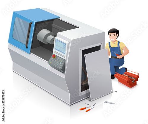 A repairman repairs and performs maintenance operations on a numerically controlled machine-tool on white background