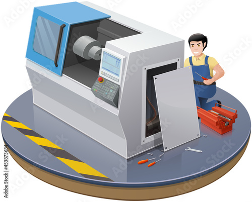 A repairman repairs and performs maintenance operations on a numerically controlled machine-tool (cut out)