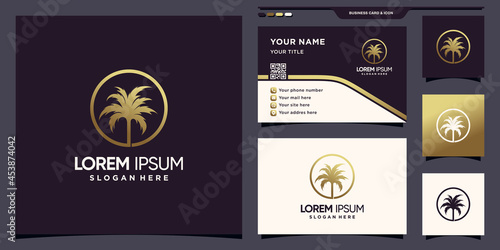 Luxury palm tree logo with golden gradient style color and business card design Premium Vector