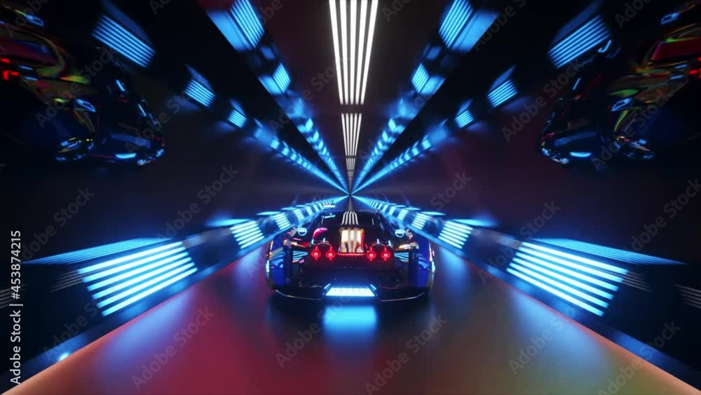 The car rushes at high speed through an endless neon technology tunnel. Futuristic concept. 3d Animation of seamless loop