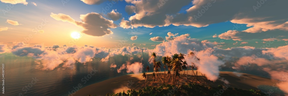 Beautiful beach with palm trees at sunset, panorama of a tropical landscape, sea sunset,
3d rendering