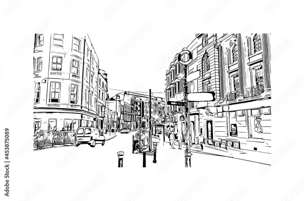 Building view with landmark of Hastings is a town in England. Hand drawn sketch illustration in vector.