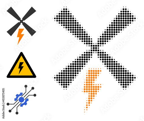 Halftone wind electric generation. Dotted wind electric generation generated with small round elements. Vector illustration of wind electric generation icon on a white background.