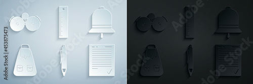 Set Pen, Ringing bell, School backpack, Exam sheet with check mark, Ruler and alarm icon. Vector