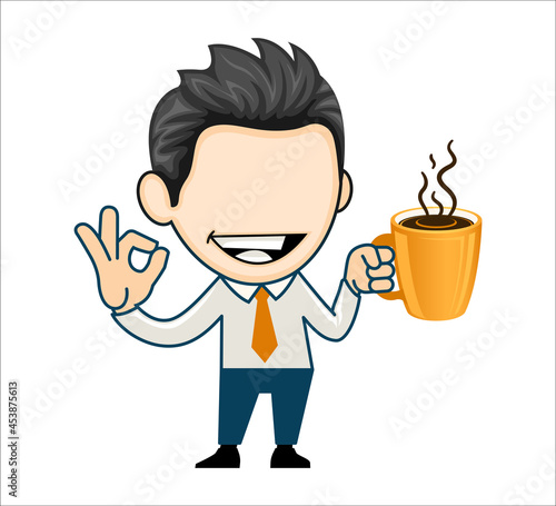 Young business man holding coffee and showing ok gesture. Vector illustration in cartoon style