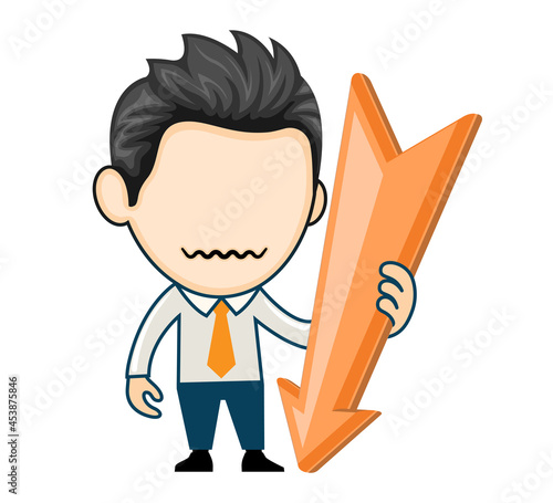 Business man character with falling down arrow chart. Business bankruptcy concept in cartoon style