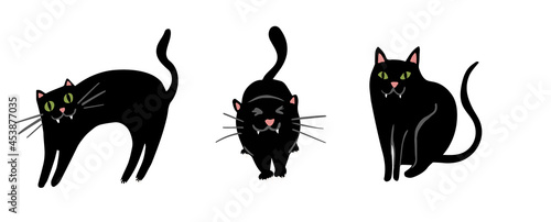 Set of three vector black cats in different poses. Stretching, arched back and sitting. Halloween or everyday uses.
