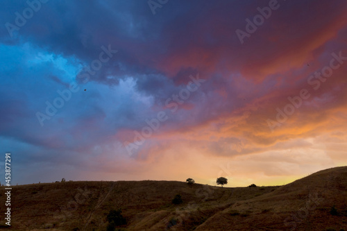 Beautiful scenery with a lonely tree as a small detail on a high hill in front of a magnificent sunset sky with colorful dramatic sunset clouds.