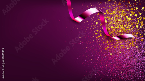 Confetti Glossy Decoration Banner Copyspace Vector. Festival Confetti Ribbon Ornament For Celebrate Happy Birthday, Christmas Or New Year. Festive Party Template Realistic 3d Illustration