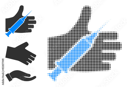 Halftone vaccine offer hand. Dotted vaccine offer hand generated with small round elements. Vector illustration of vaccine offer hand icon on a white background.