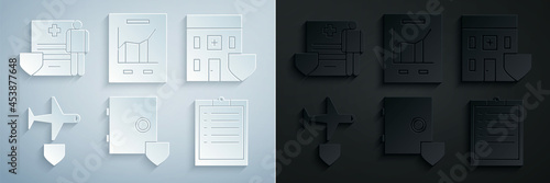Set Safe with shield, Medical hospital building, Plane, Clipboard checklist, Document graph chart and clipboard clinical record icon. Vector