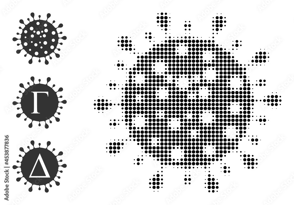 Halftone coronavirus. Dotted coronavirus constructed with small round elements. Vector illustration of coronavirus icon on a white background. Halftone array contains round elements. Halftone coronavirus. Dotted coronavirus constructed with small round elements. Vector illustration of coronavirus icon on a white background. Halftone array contains round elements.