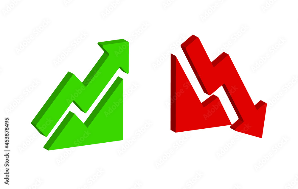 Graph going Up and Down sign with green and red arrows vector. 3d