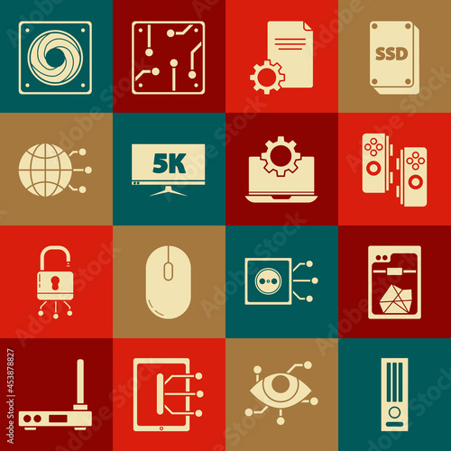 Set Video game console, 3D printer, Gamepad, File document, Monitor display with 5k video, Global technology social network, Computer cooler and Laptop and gear icon. Vector