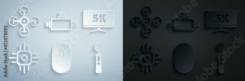 Set Computer mouse, Monitor display with 5k video, Processor, Gamepad, Virtual reality glasses and Drone icon. Vector