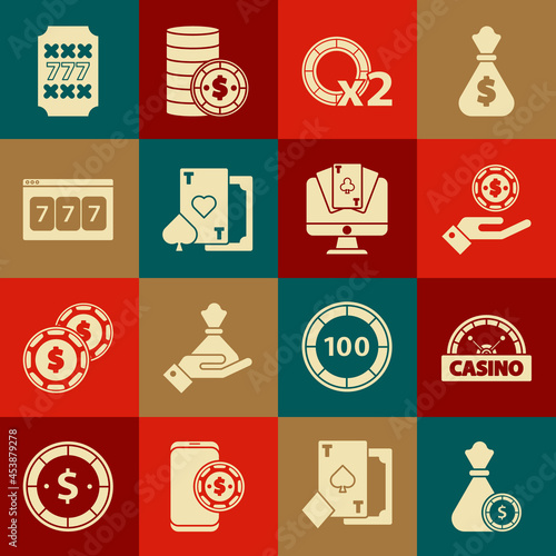 Set Money bag and casino chips, Casino signboard, Hand holding, Playing card with heart, Online slot machine lucky sevens jackpot, Slot and poker table game icon. Vector
