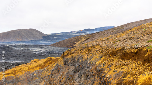 Impressive aerial view of the exploding red  lava  from the Active Volcano in Iceland photo