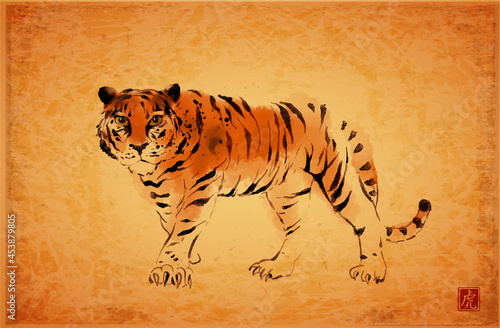 Tiger, symbol of the chinese new year 2022, hand drawn with ink on vintage background. Traditional oriental ink painting sumi-e, u-sin, go-hua. Chinese new year greeting card. Hieroglyph - tiger.