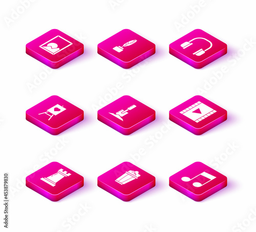 Set Chess symbol, Popcorn in cardboard box, Wood easel painting art boards, Shovel the ground, Music note, tone, Play Video, Headphones and Feather and inkwell icon. Vector
