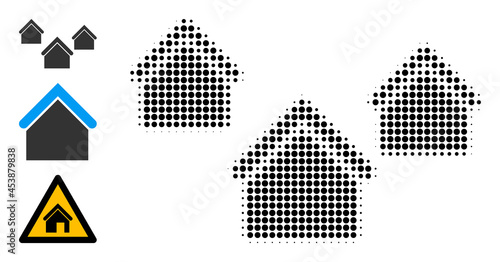 Halftone village houses. Dotted village houses designed with small circle dots. Vector illustration of village houses icon on a white background. Halftone pattern contains circle dots.