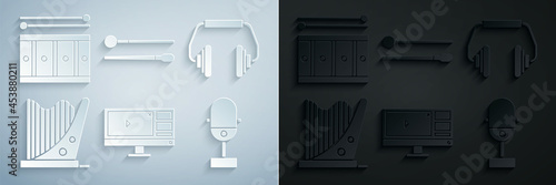 Set Video recorder or editor software on monitor, Headphones, Harp, Microphone, Drum sticks and with drum icon. Vector