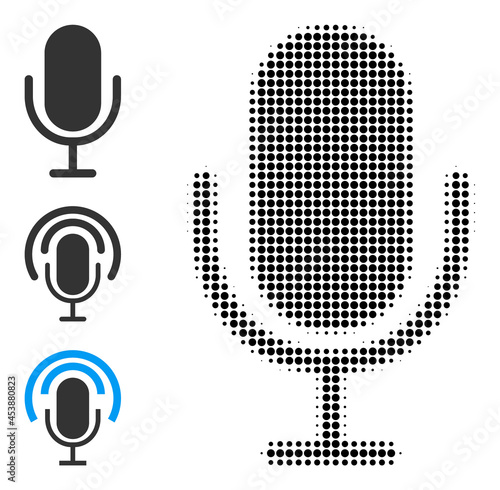 Halftone microphone. Dotted microphone made with small round items. Vector illustration of microphone icon on a white background. Halftone pattern contains round pixels.