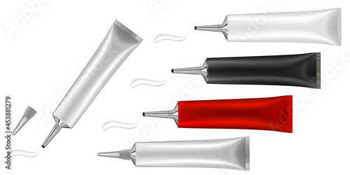 Set of 5 tubes with long nozzle and silver cap. Red, white, black. Cosmetic packaging. Serum or ointment. Gel or cream. Vector illustration isolated on a white background. 3d. Toothpaste