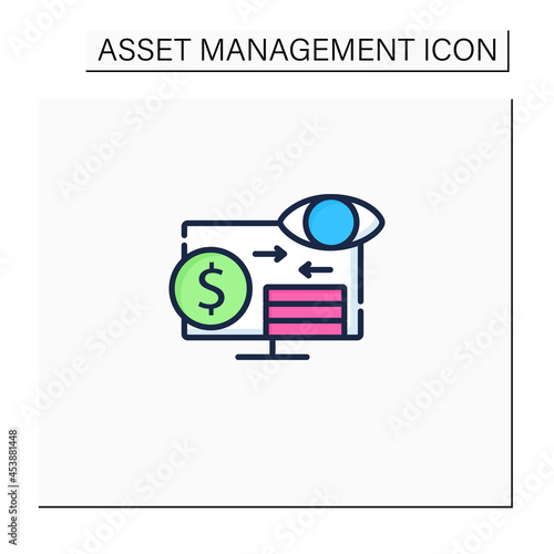 Assets monitoring color icon.Monitoring accounts. Logs information about tangible assets on laptop.Business concept. Isolated vector illustration