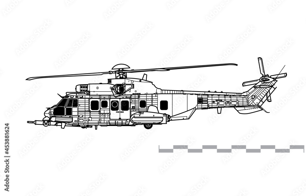 Eurocopter EC725 Caracal, Airbus Helicopters H225M. Vector drawing of tactical transport helicopter. Side view. Image for illustration and infographics.