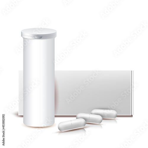 Drug Capsules Blank Container And Package Vector. Pills Capsules Pharmaceutical Medicament Packaging And Plastic Supplement Jar. Pharmacy Healthcare Remedy Drug Pack Template Realistic 3d Illustration
