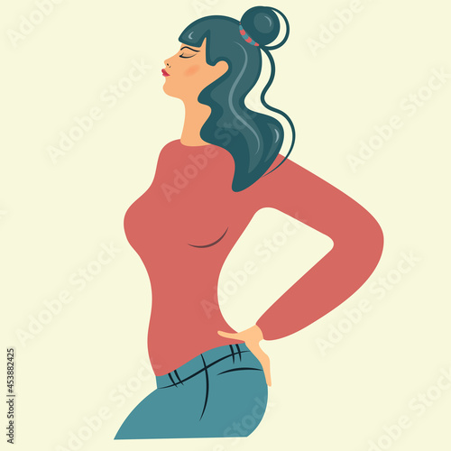 The girl in the red sweater was angry and offended. A haughty young woman with her head raised. Proud brunette. Human emotions. Isolated vector illustration..Cartoon flat style.