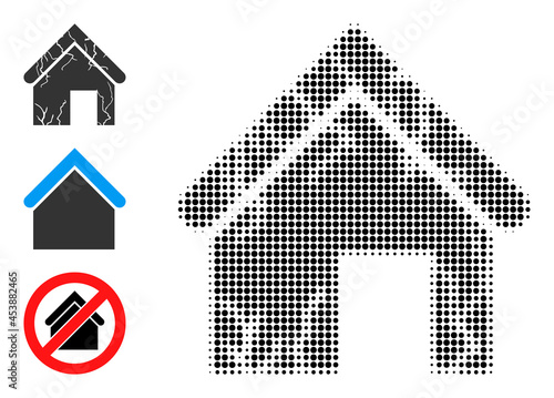 Halftone old decayed house. Dotted old decayed house made with small circle dots. Vector illustration of old decayed house icon on a white background. Halftone pattern contains round dots.