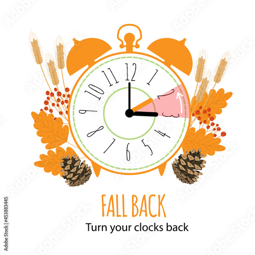 Fall Back concept with graphic alarm and schedule to set the clock back one hour. The end of Daylight Saving Time. Vector illustration with autumn leaves in modern flat style isolated on white
