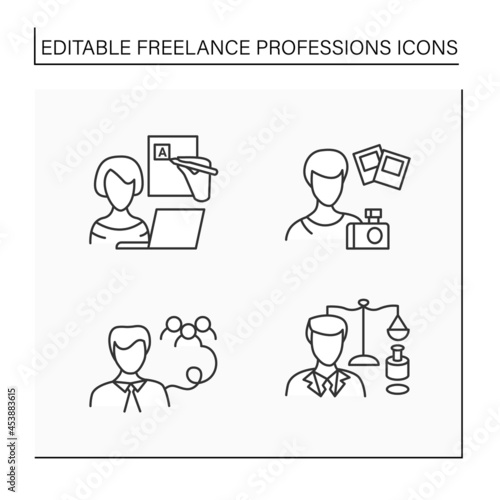 Freelance professions line icons set. Legal services, public relations office, blogger, photographer.Distance jobs. Online work. Careers concept, Isolated vector illustration. Editable stroke
