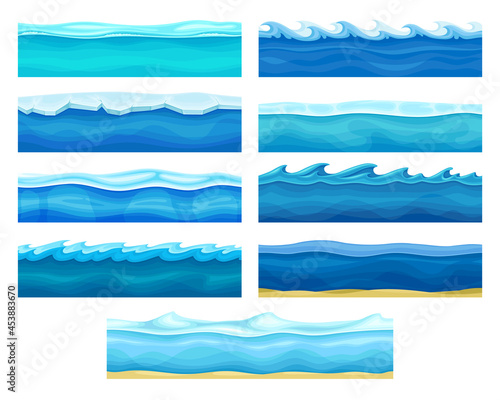 Blue Water Surface with Ice and Curved Waves Vector Set