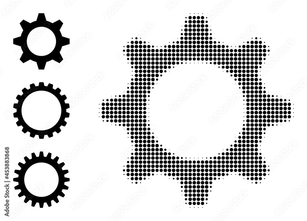Halftone gearwheel. Dotted gearwheel made with small circle elements. Vector illustration of gearwheel icon on a white background. Halftone pattern contains circle elements. Halftone gearwheel. Dotted gearwheel made with small circle elements. Vector illustration of gearwheel icon on a white background. Halftone pattern contains circle elements.