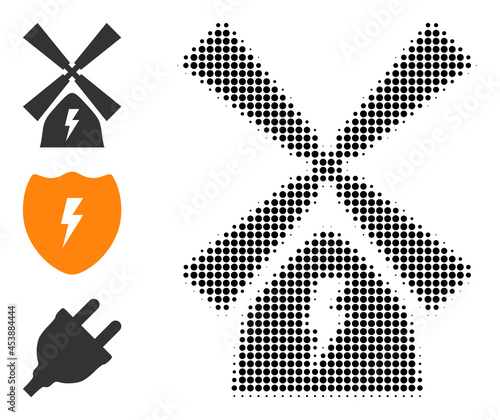 Halftone wind power plant. Dotted wind power plant constructed with small round points. Vector illustration of wind power plant icon on a white background. Halftone pattern contains round pixels.