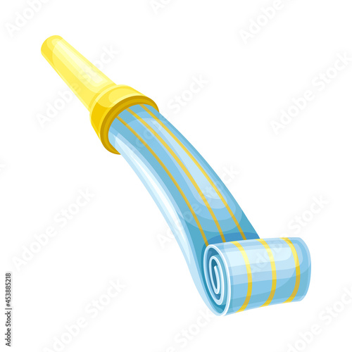 Blue Party Whistle with Yellow Stripes as Birthday Toy and Accessory for Blowing and Making Sound Vector Illustration
