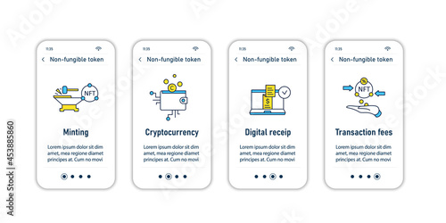NFT onboarding mobile app screens. Non fungible token.Unique digital assets steps menu. Set of UI, UX, web template with RGB color linear icons
