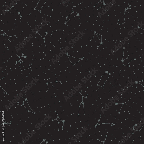 Vector zodiac constellations. Celestial seamless pattern. Stylized astronomical star systems in grey color on a black background. Backdrop with astrological horoscope signs