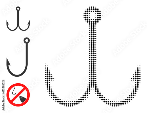 Halftone double fish hook. Dotted double fish hook constructed with small circle points. Vector illustration of double fish hook icon on a white background. Halftone pattern contains circle points.