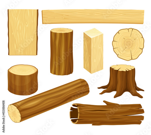 Wood Material with Log, Tree Stump and Plank Vector Set