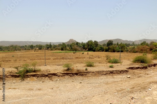 View of dry river in India with background of nature and mountain