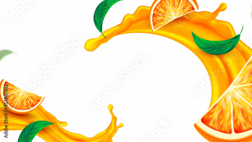 Orange Juice Splash And Mint Copy Space Vector. Refresh Natural Orange Drink With Tasty Spice Green Leaves. Fresh Citrus Tropical Vitamin Beverage Template Realistic 3d Illustration