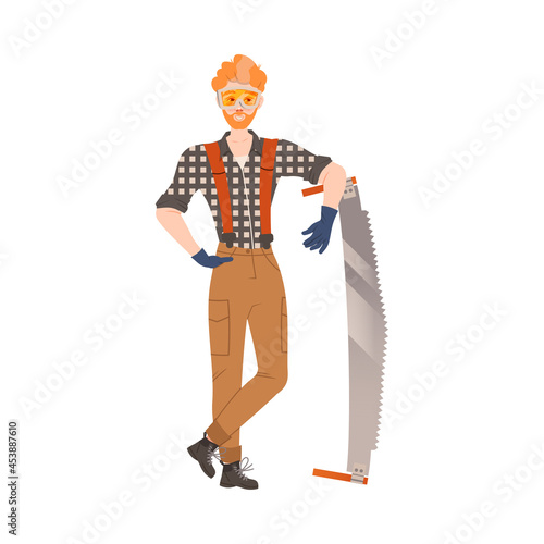 Redhead Bearded Woodman or Lumberman in Checkered Shirt and Sling Pants Standing with Saw Vector Illustration