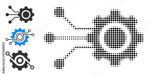 Halftone gear connectors. Dotted gear connectors generated with small circle elements. Vector illustration of gear connectors icon on a white background. Halftone array contains circle elements.