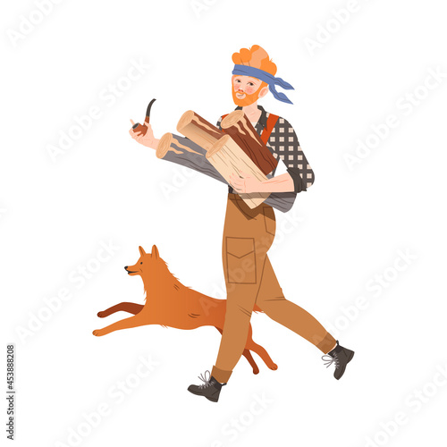 Redhead Bearded Woodman or Lumberman in Checkered Shirt and Sling Pants Carrying Wood Walking with His Dog Vector Illustration