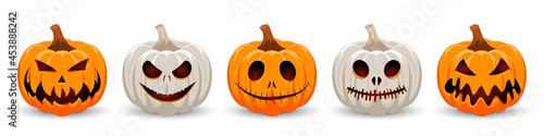 Set pumpkin on white background. The main symbol of the Happy Halloween holiday. Orange and white pumpkin with smile for your design for the holiday Halloween.